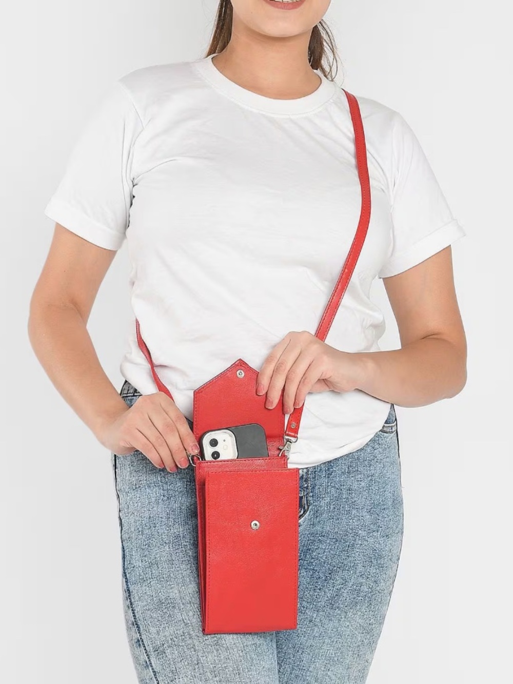 Red RFID Protected Genuine Leather Crossbody Wallet with Touch Screen Window